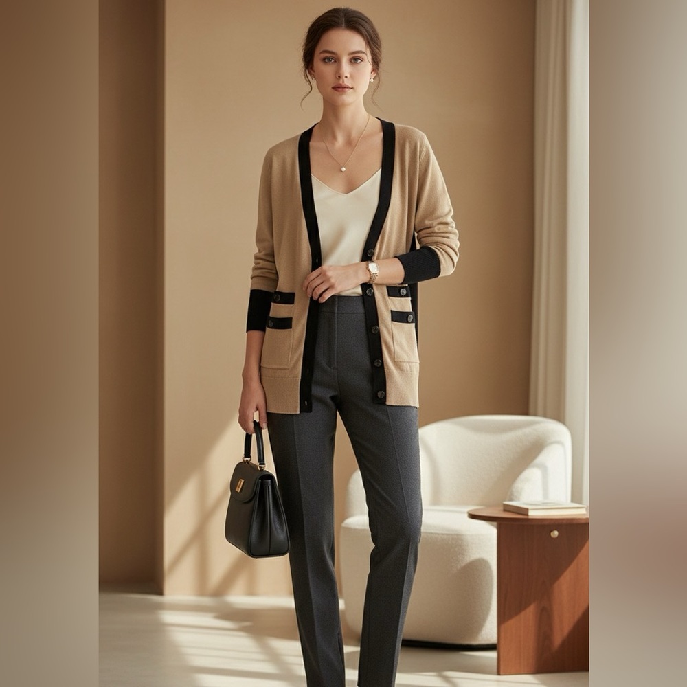 VTG Cache Y2K size S tan/black Colorblock cardigan sweater quiet luxury